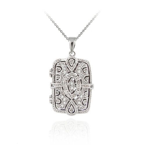 Sterling Silber CZ Filigree Swirl Rechteck Locket Anhänger