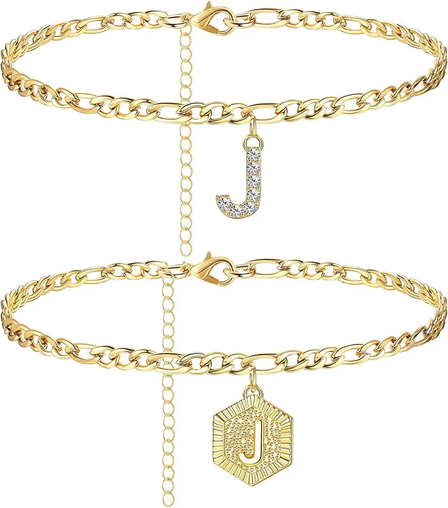 Anfängliche Knöchel-Armbänder für Frauen; Edelstahl-Schicht Figaro-Kettenbrief Anfängliche Knöchel-Armbänder mit Buchstaben-Alphabet für Frauen Mädchen (2Pcs)