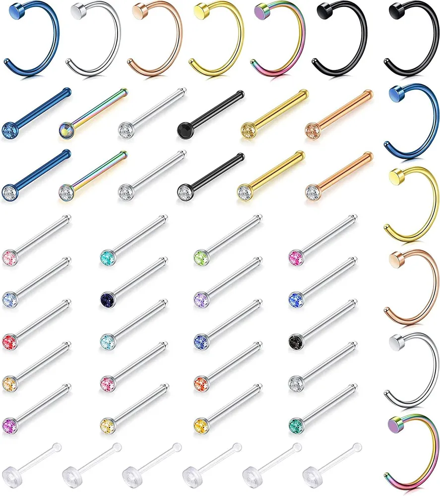 50pcs 20G Knochenform Nasen-Stocken Nasen-Ring - Schleife Edelstahl-Nase - Piercings für Männer Frauen CZ Clear Nose-Stock - Set-Ringe