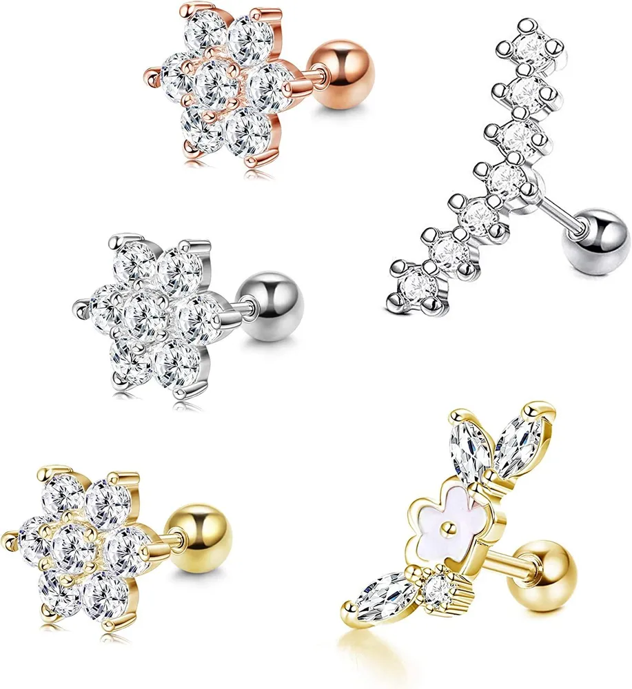 5pcs Edelstahl Ohrknorpel Ohrringe für Frauen CZ Stud Blumenform Ohr Piercing Barbell Helix Tragus Conch Knorpel Ohrringe 16G