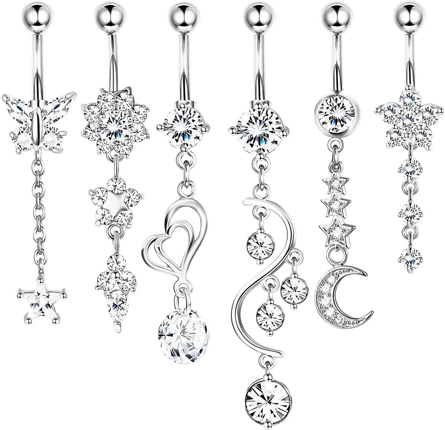 6pcs 14g Bauchknopfringe Dangle; Nabelringe Barbell CZ gepflastert; Chirurgische Stahlkörper Piercing Schmuck für Frauen