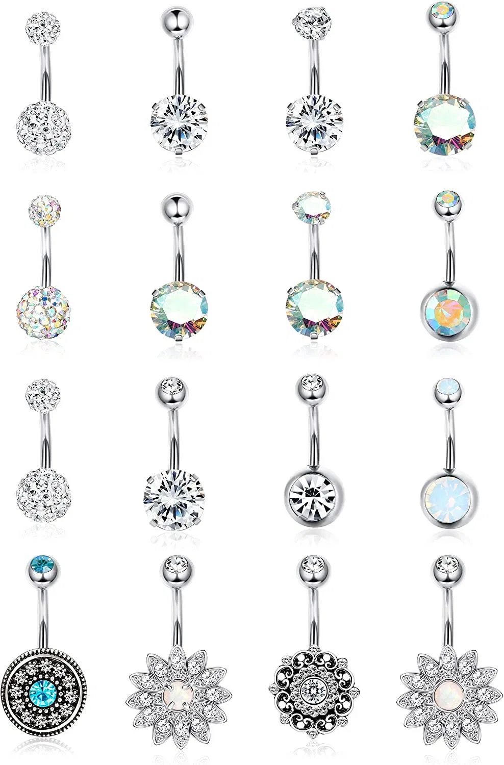 16 Stück 14G Bauchknopfringe Chirurgische für Frauen Nabelringe CZ Kurz gebogen Bauchknopfring Barbell Bauchringe Piercing Set Körper Piercing Schmuck