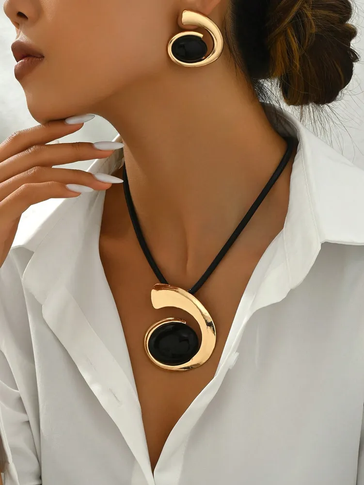 14K Gold Plated Black Onyx Swirl Choker Kette und Ohrringe Set