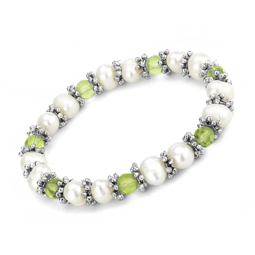 LO4653 - Antike Silber-weißes Metallarmband mit synthetischer Perle in Olivinfarbe