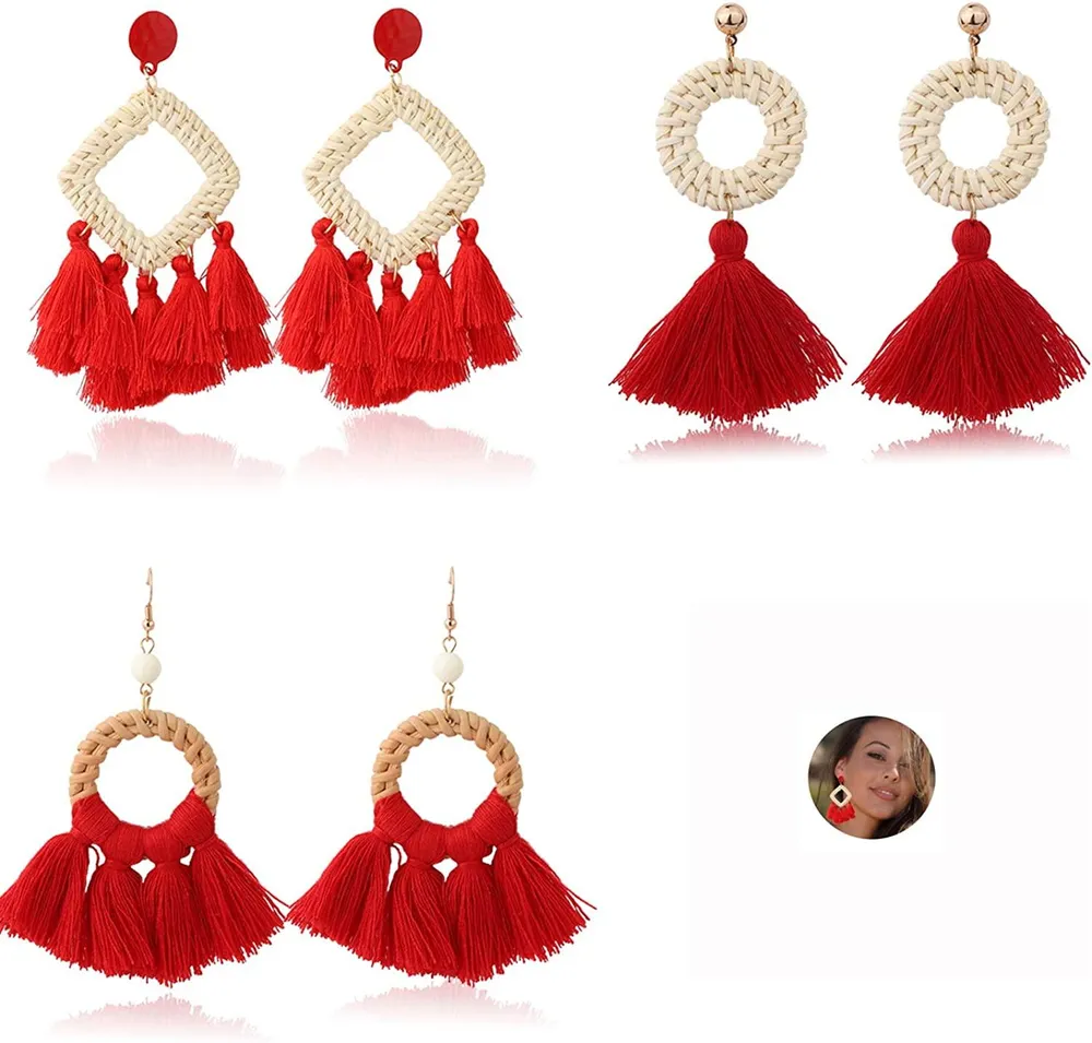 3 Paare Rattan Tassel Ohrringe Bohemian Statement Stroh Dangle Drop Ohrringe Handgemachte Wicker Braid Ohrringe Set für Frauen Mädchen für Frauen Mädchen