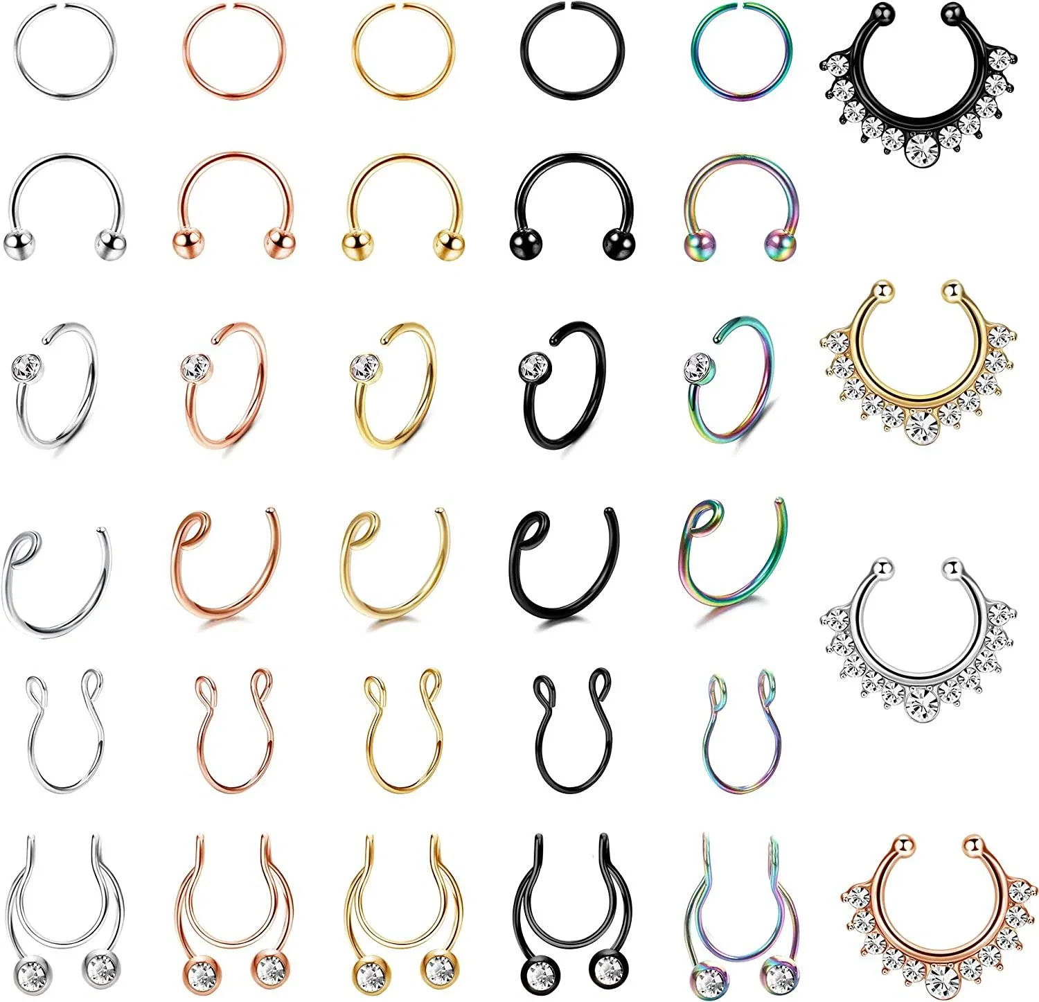 24-34 Pcs Falsche Nase Ring 20G Faux Piercing 8mm Falsche Lippe Ohr Nasen Septum Ring Nicht Piercing Clip auf Nase Hoop Ringe Körper Piercing für Frauen Männer
