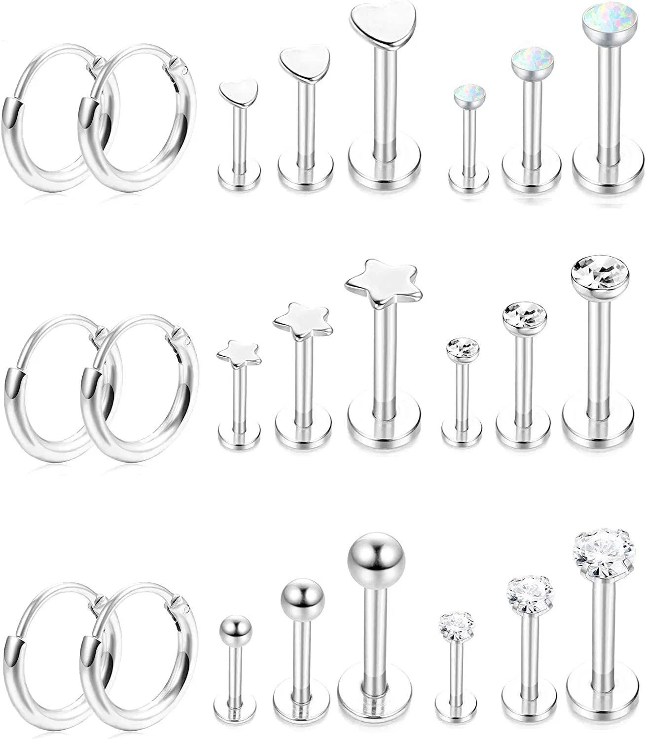 24 Stück Edelstahl 16g Tragus Knorpel Piercing Ohrringe für Frauen Medusa Helix Lippe Monroe Labret Piercing Schmuck