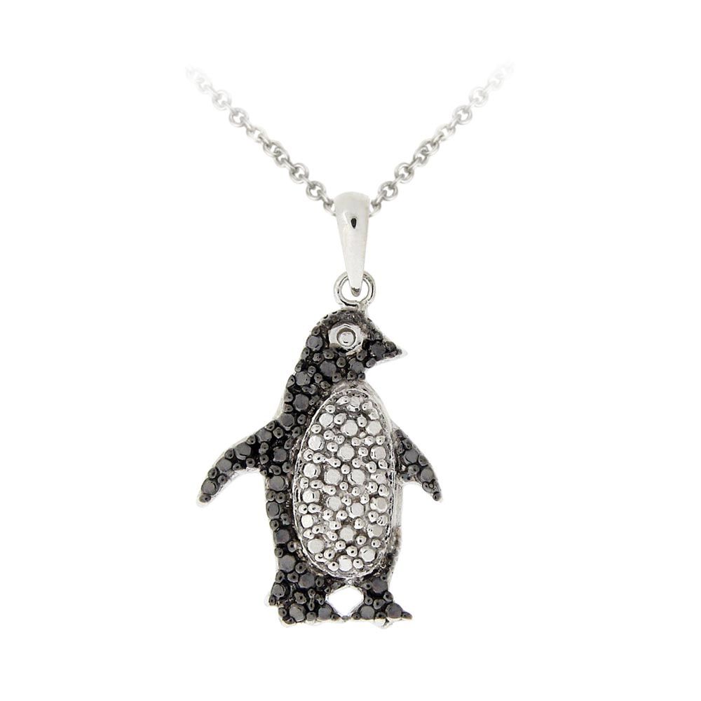 Sterling Silber Schwarz Diamant Akzent Pinguin Halskette