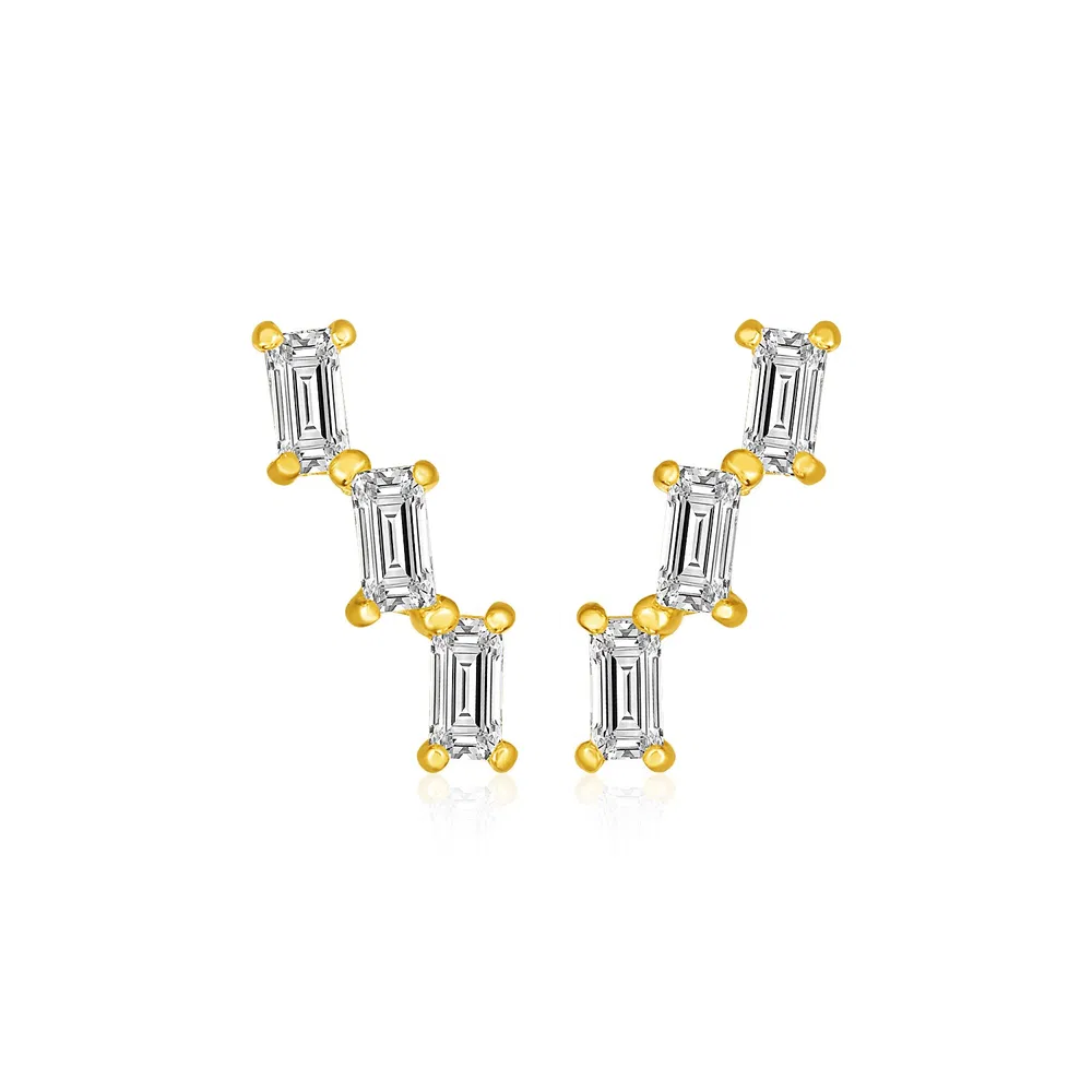 14 Karat Gelbgold Kletterer Post Ohrringe mit Baguette Cubic Zirkonias