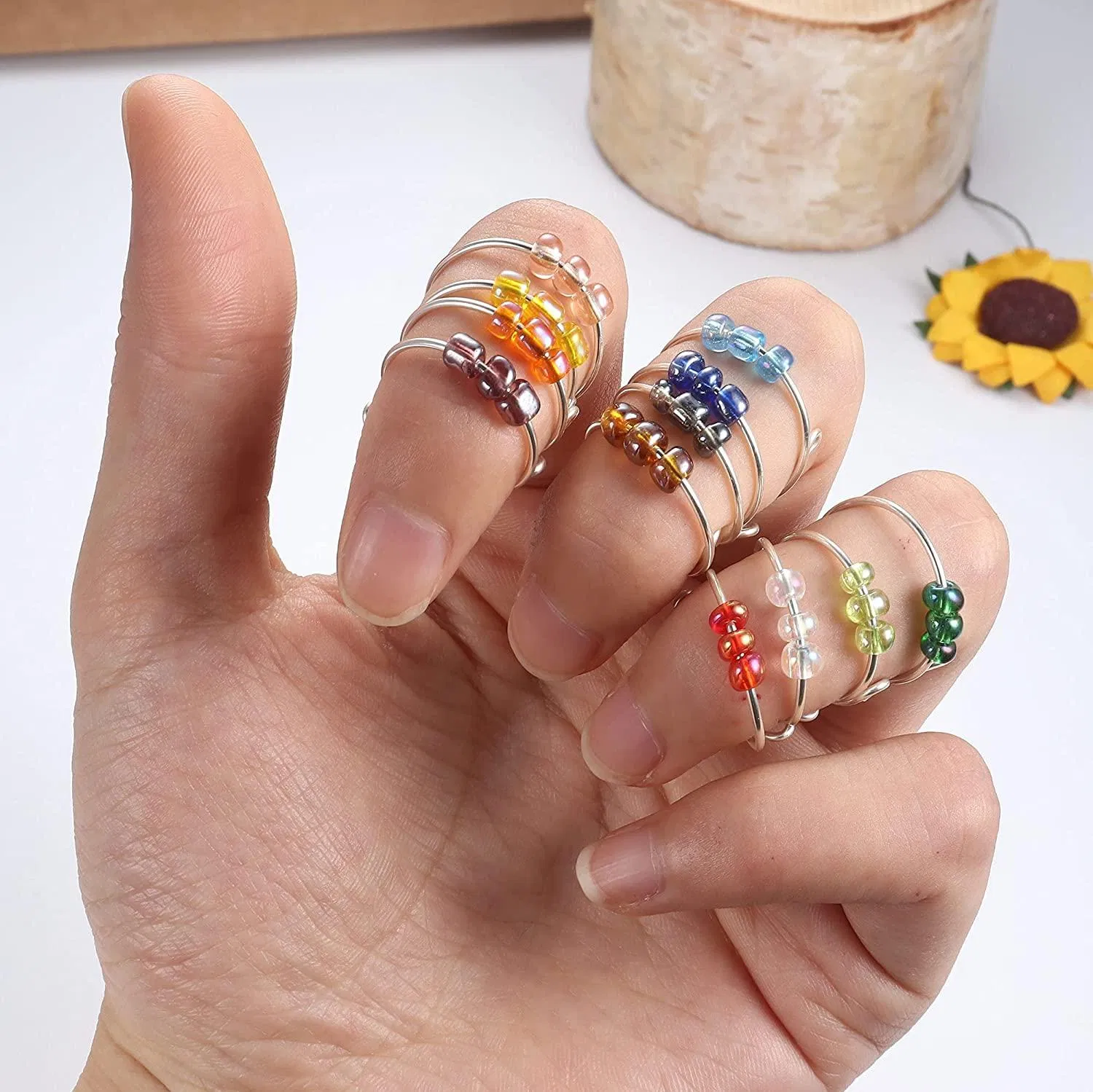 12pcs Angst Ring Set für Frauen Stackable Fidget Band Ringe für Angst Gold beschichtete verstellbare Perlen drehen sich frei Ringe Stress Linderung Stricken Loop Ring Schmuck Geschenke für Frauen Mädchen