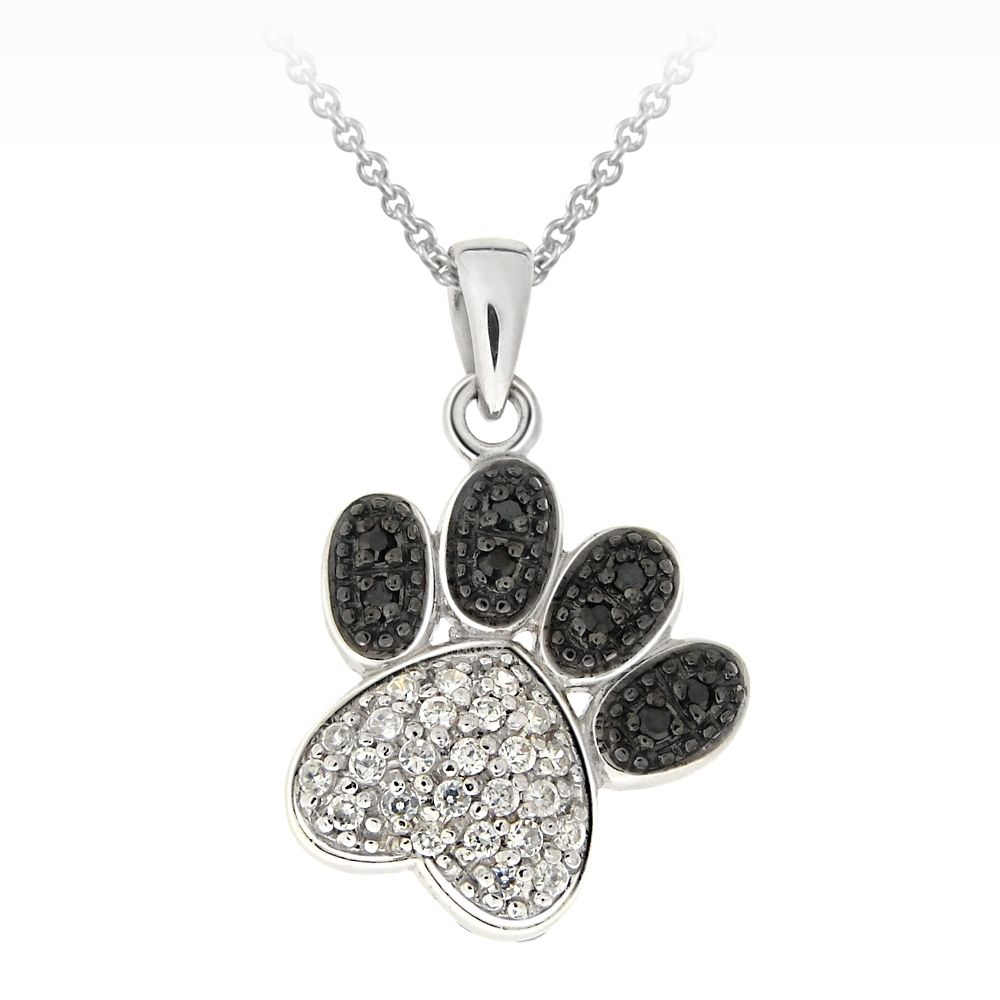 Rhodium Plated Black & White CZ Paw Print Halskette, 18