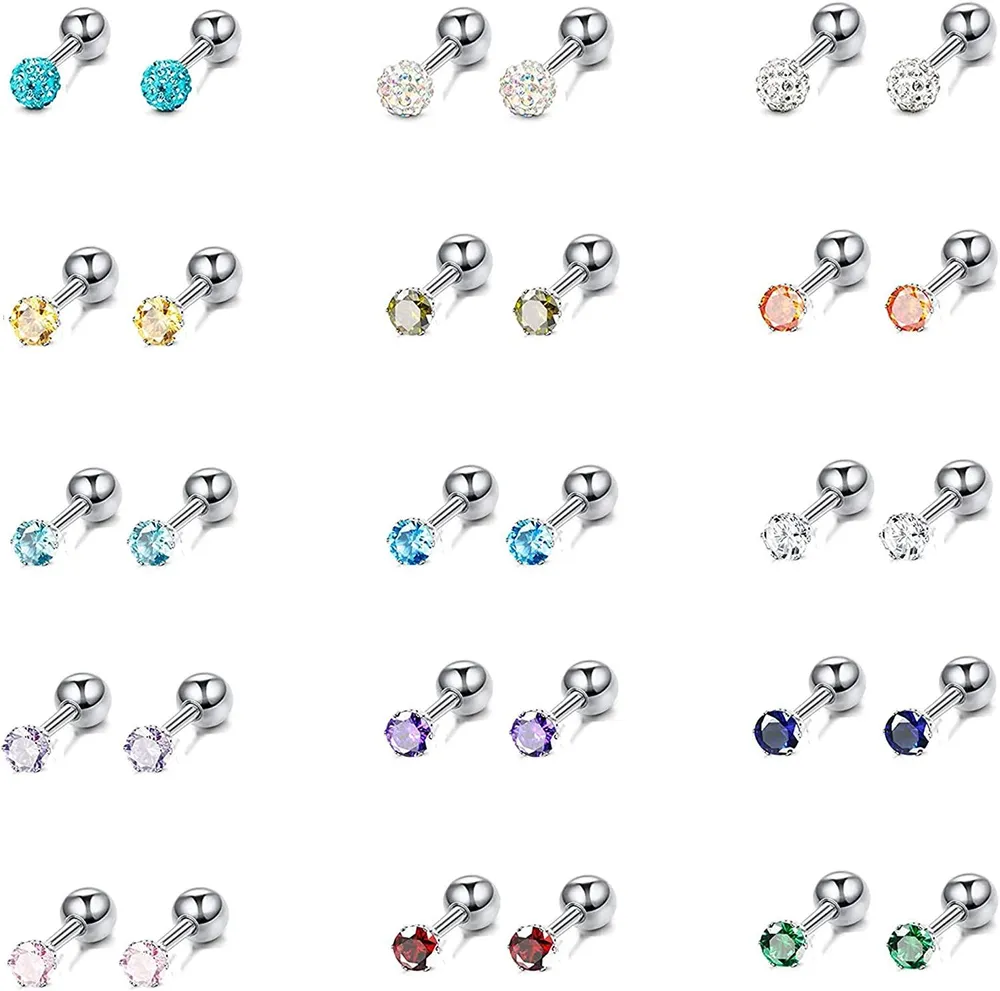15 Paare Catilage Stud Ohrringe für Männer Frauen Geburtsstein Ohrringe Edelstahl CZ Ball Ohrringe Glänzende Multikarben Kubische Zirkonia Disco Ball Helix Knorpel Tragus Screwback Ohrringe Set