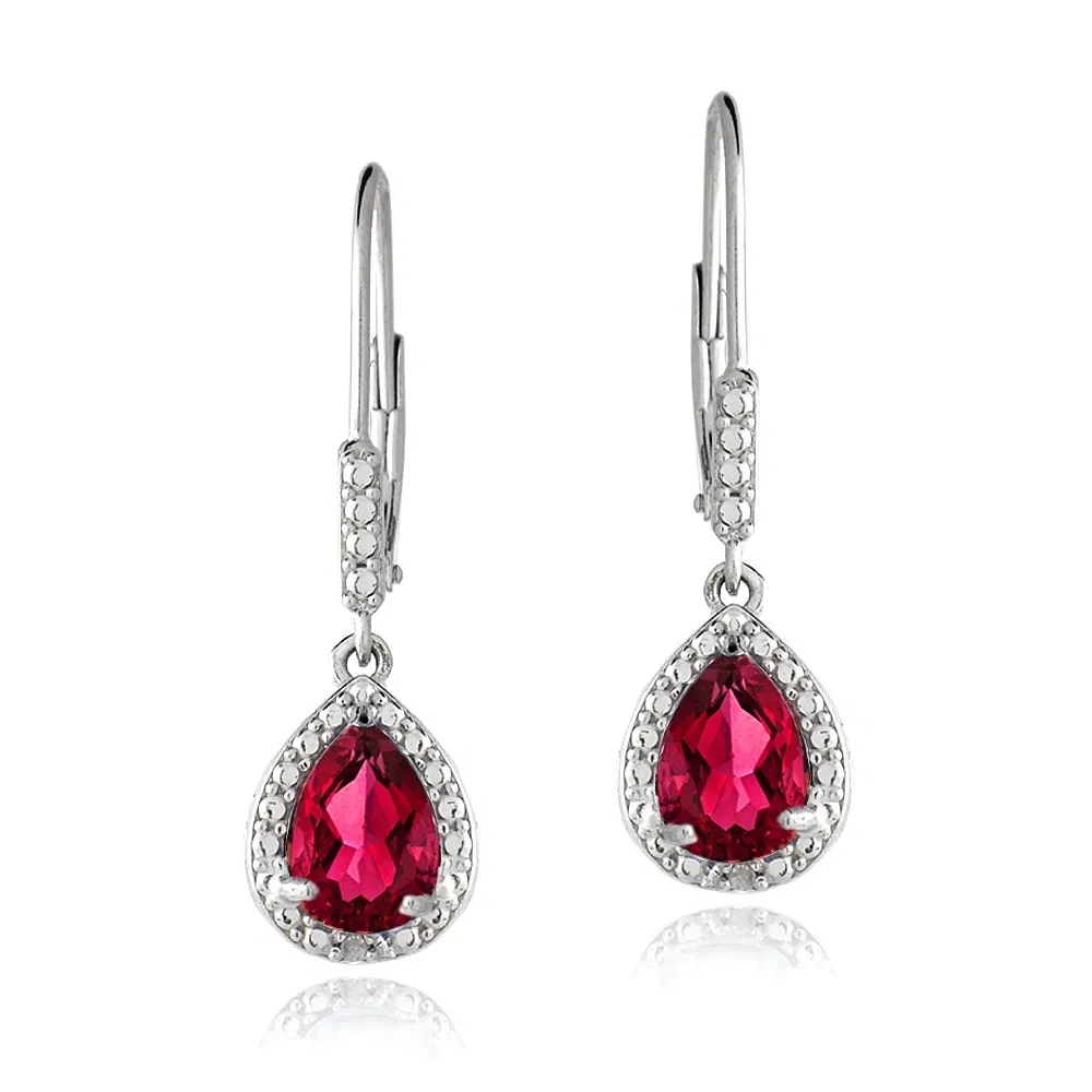 Sterling Silber 3,1ct geschaffen Ruby & Diamond Accent Teardrop Leverback Ohrringe