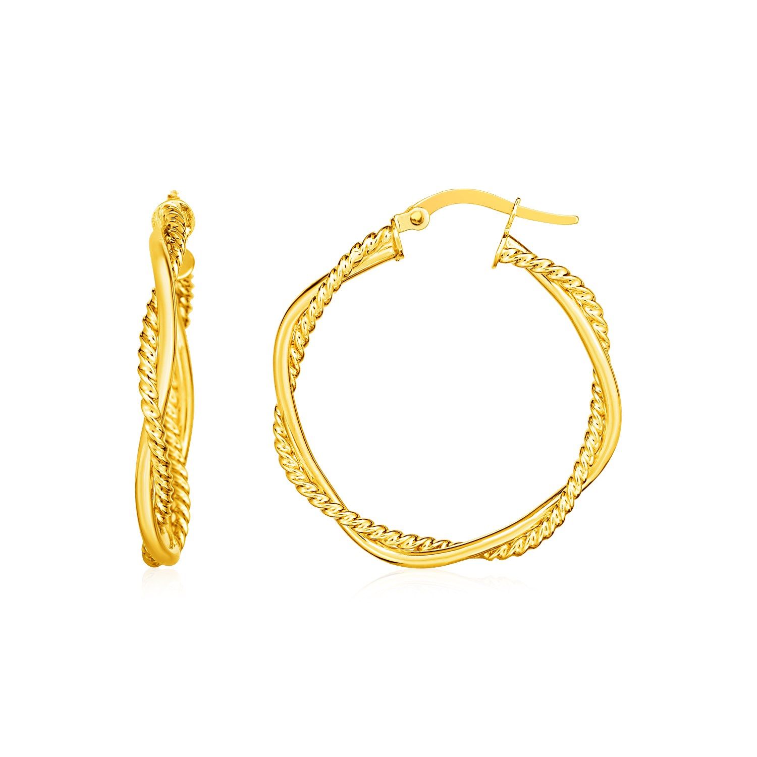14 Karat Gelbgold Zwei Teile Textured Twisted Round Hoop Ohrringe (3x25mm)
