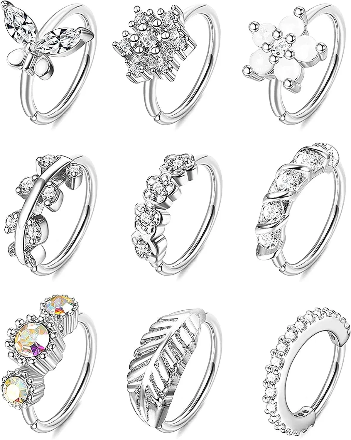 9Pcs 20G Edelstahl Nasen Ringe Schleife für Frauen Männer gepflastert CZ Blatt Opal Blume Schmetterling Nasen Ohrschleife Knorpel Stud Ohrringe Nasen Schleife Ringe Schleife Nasen Piercing Set