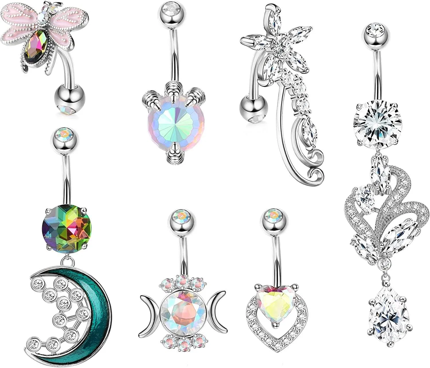 14G Dangle Bauchknopfringe für Frauen 7pcs chirurgische Umkehr Bauchringe farbenfrohe CZ gebogene Nabel Barbell Piercing Hangling Mond Biene Blume Herz Bauch Körper 3 / 8