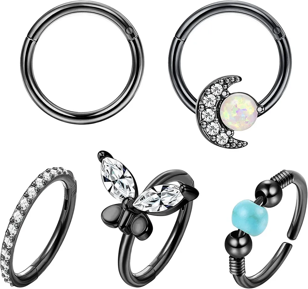 16G Nasenringe Schleife für Frauen Männer Teen Egirl 316L Chirurgische Edelstahl Septum Eingezogen CZ Opal Schmetterling Mondblatt Nasen Piercing Septum Ringe 5 Stück