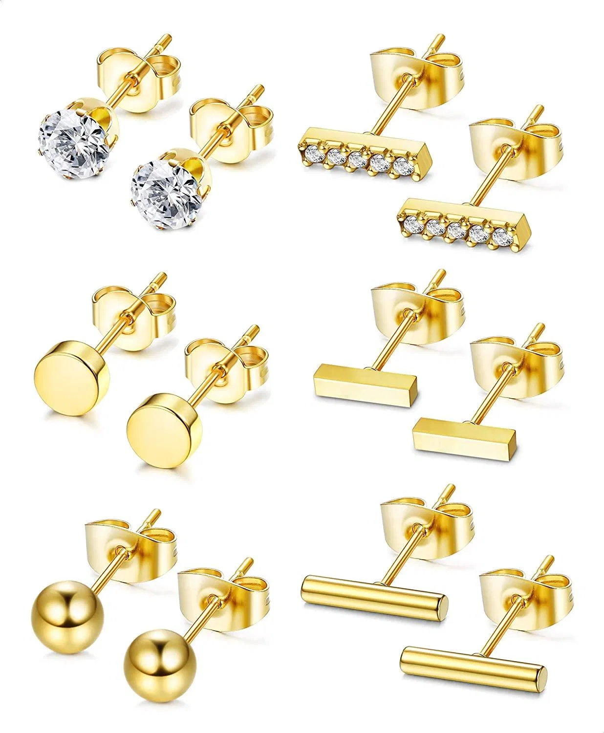 6 Paare Stud Ohrringe für Frauen Edelstahl-Disc Ball CZ Bar Ohrringe Sets