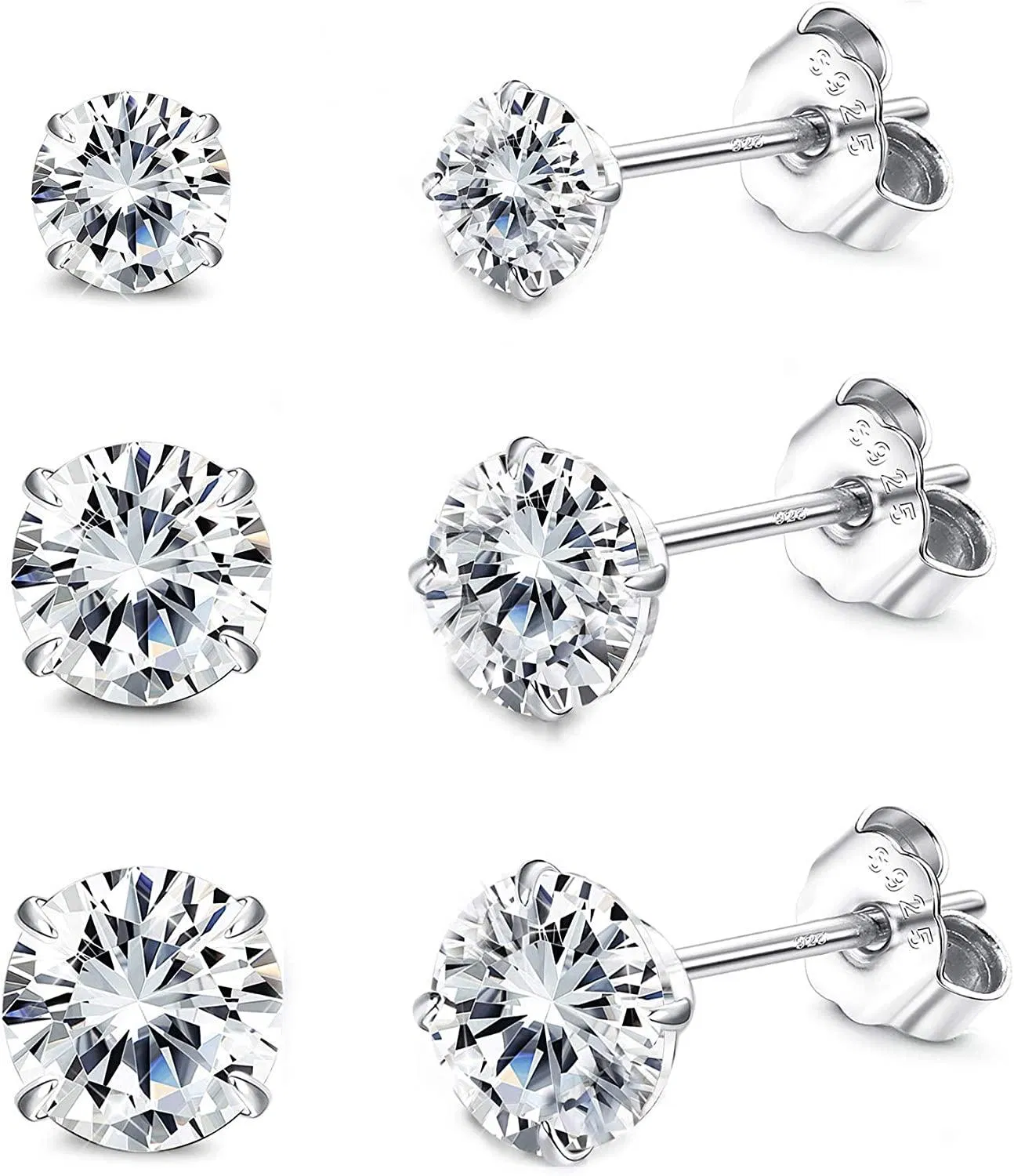 3Paare 925 Sterling Silber Stud Ohrringe Set 4 - 6mm winzige Kubik Zirkonia Ohrringe für Frauen Männer Knorpel Stud Ohrringe