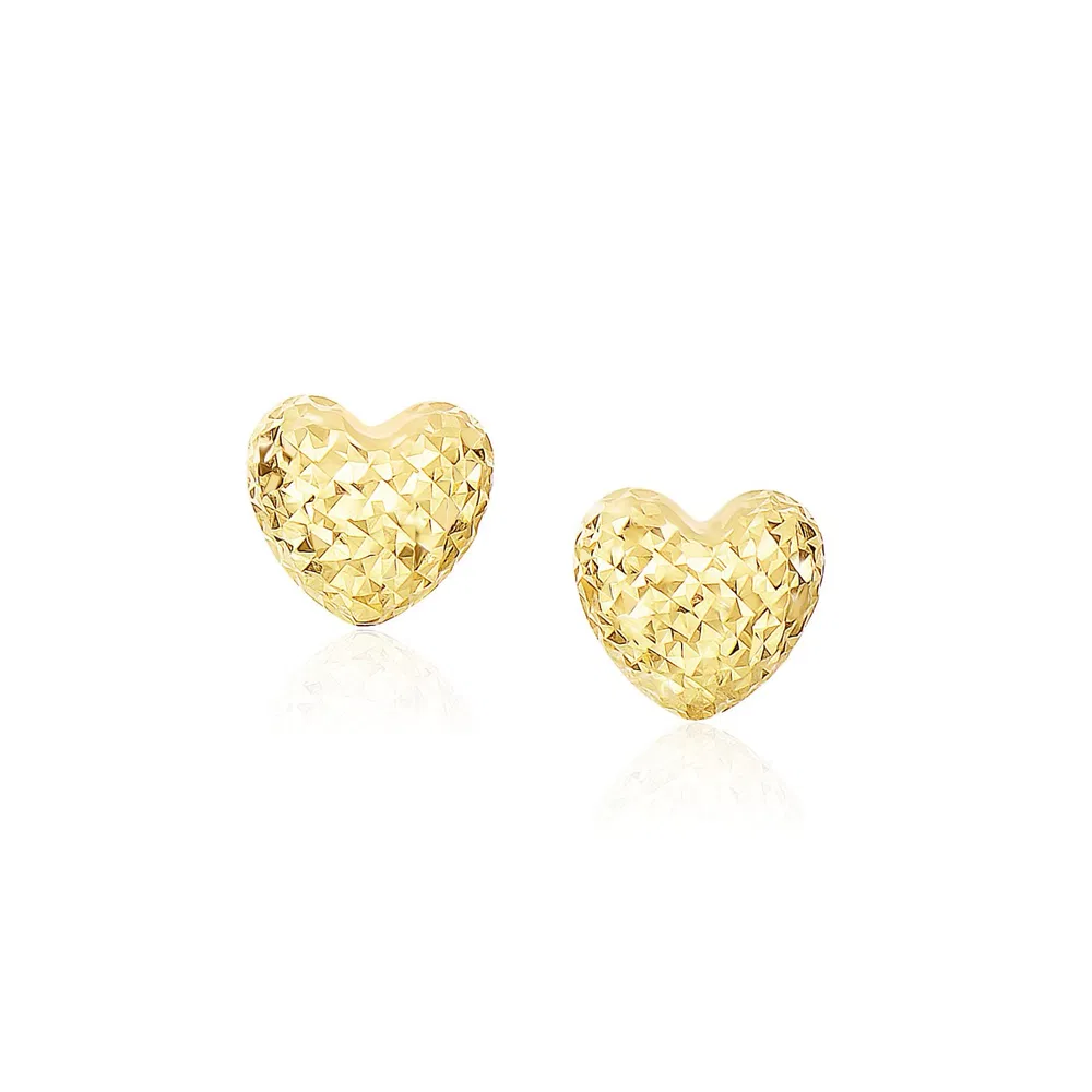 14 Karat Gelbgold Puffed Heart Ohrringe mit Diamant-Schnitten (8mm)