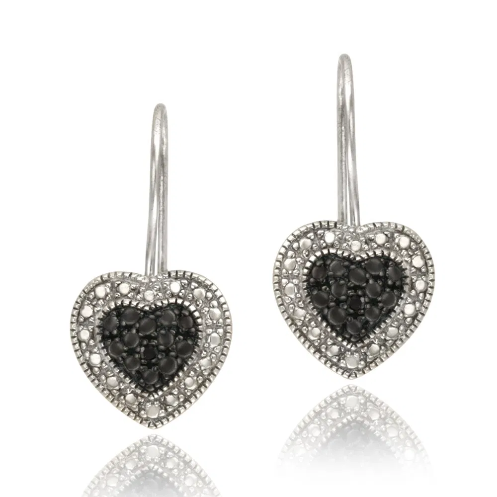 Sterling Silber Black Diamond Accent Heart Drop Ohrringe