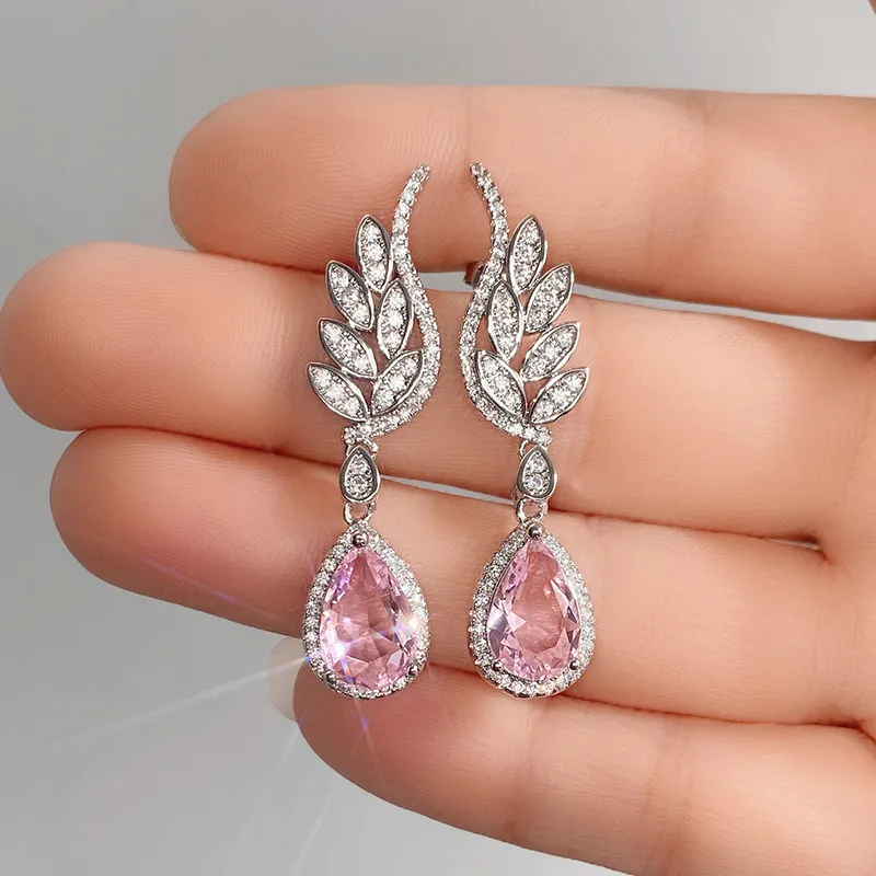 Luxus 925 Silber Plated Feather Micro Paved Zirkon Pink Edelstein Tränentropfen Ohrringe Für Frauen Hochzeit Romantische Schmuck