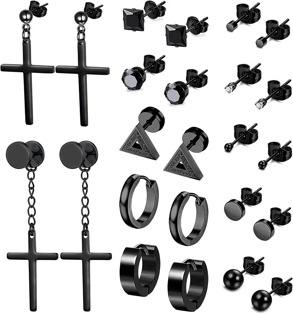 12 Pairs Edelstahl Stud Ohrringe für Männer Frauen Cross Dangle Ohrringe winzig CZ Ball Hoop Huggie Ohrringe Set