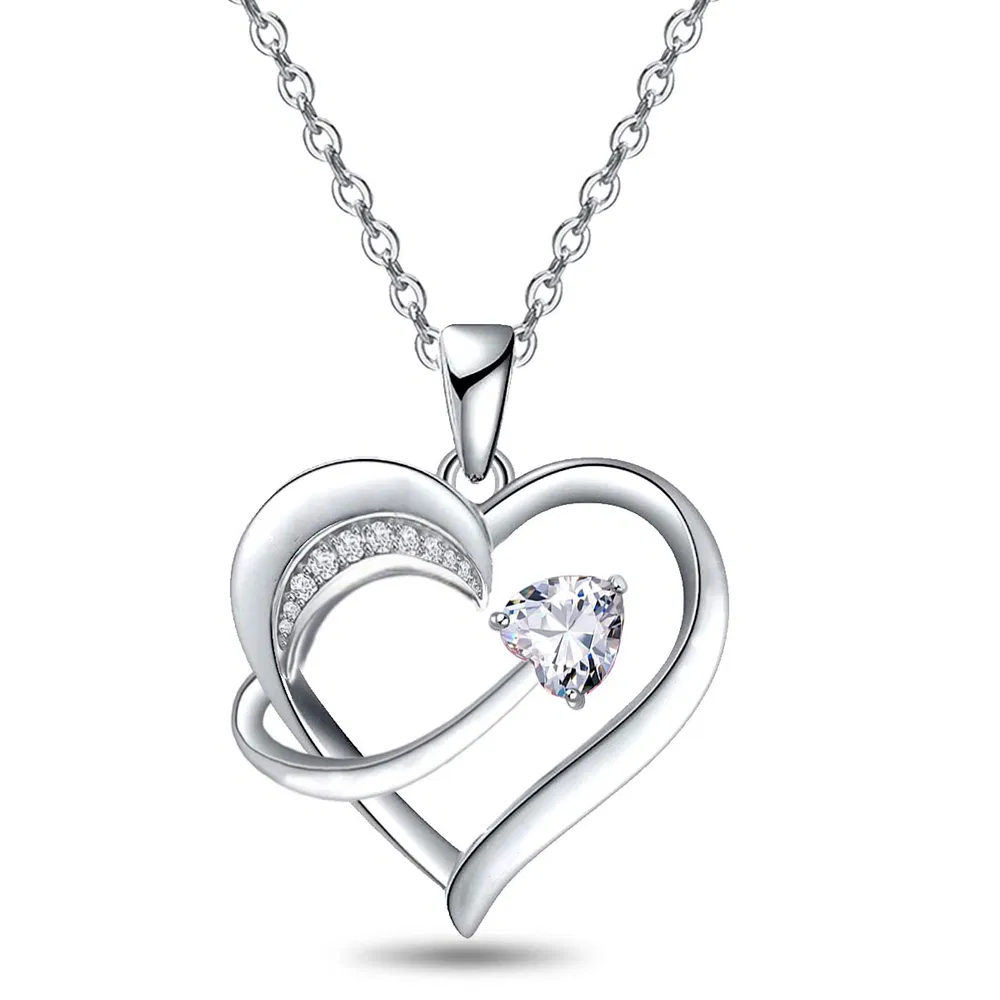 14 Karat Weißgold Plated 5A Cubic Zirkonia Einzigartige Liebe Herz Anhänger Halskette für Frauen, Schmuck Geschenk für Frau Freundin