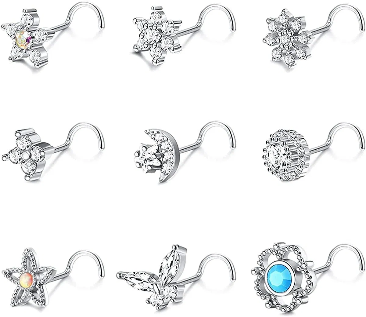 9pcs 20G Nasenringe Studs für Frauen Edelstahl Nasenringe L-förmige Nasen Studs Schraube Nasenringe CZ Schmetterling Mond Stern Blume Nasen Piercing Ring