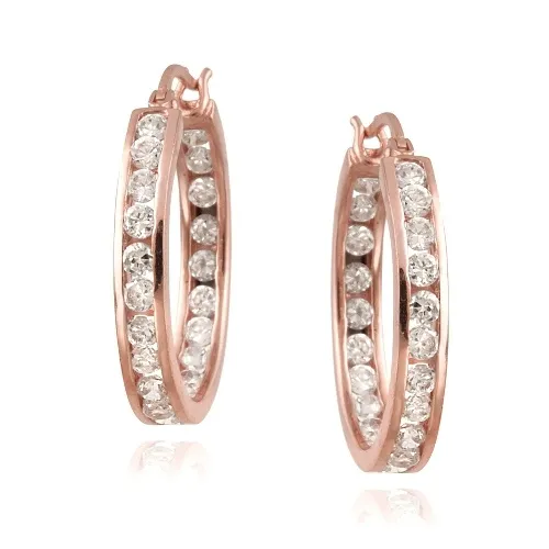 18 Karat Rose Gold über Silber 20mm Kanal Set CZ Hoop Ohrringe