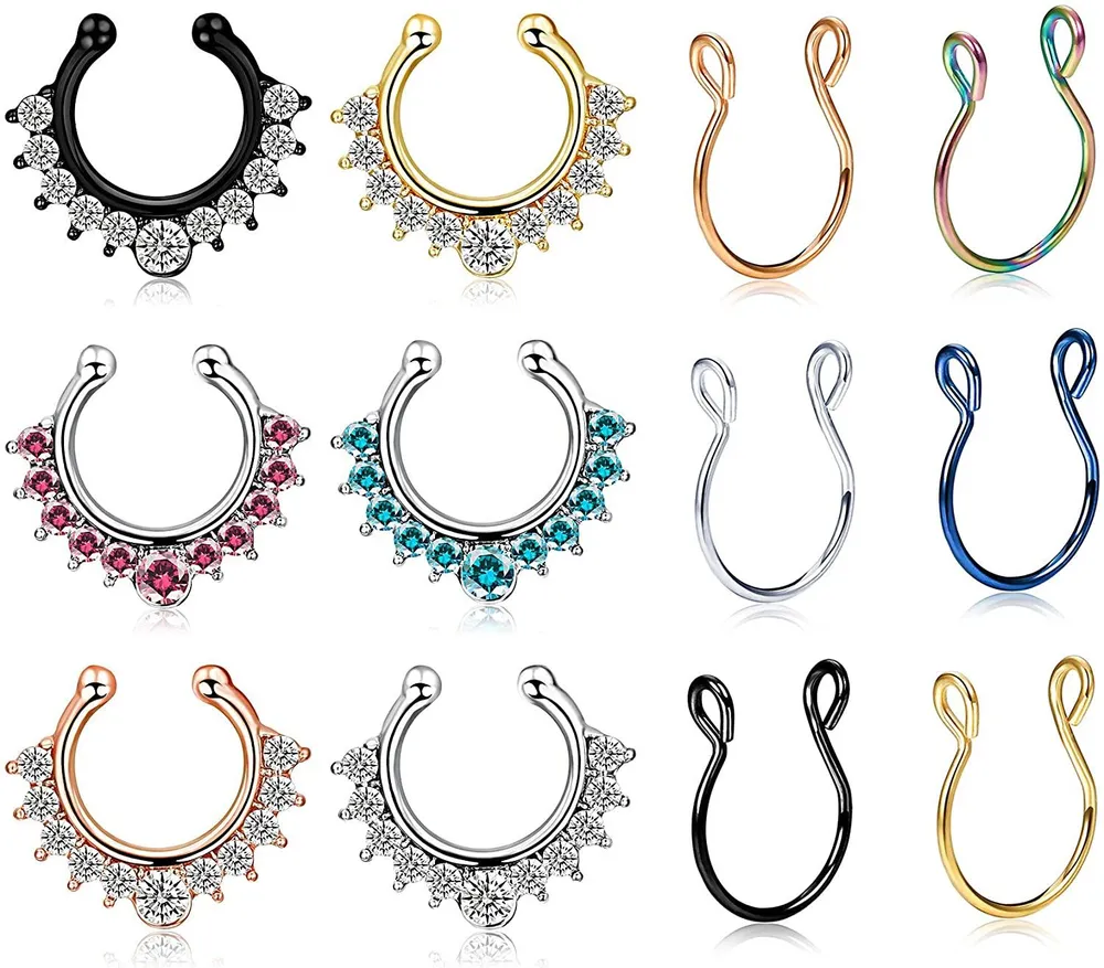 12PCS Falsche Nase Ringe Schleife Edelstahl Septum Ringe Nicht-Pierced Clip auf Nase Ohr Ringe Knorpel Tragus Körper Piercing Schmuck 20G