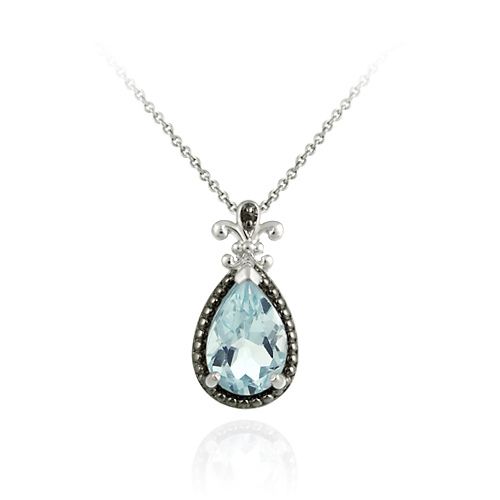 Sterling Silber 3,7ct. TGW Blaue Topaz und schwarzer Diamant Akzent Pear-Shaped Anhänger