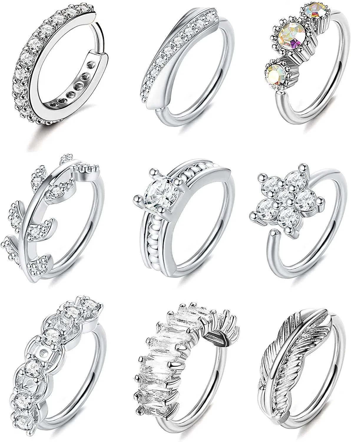 9pcs 20G Nasenringe Schreifen für Frauen Chirurgisch gepflastert CZ Knorpel Helix Tragus Hoop Daith Ohrringe Körper Piercing für Nasen Ohr