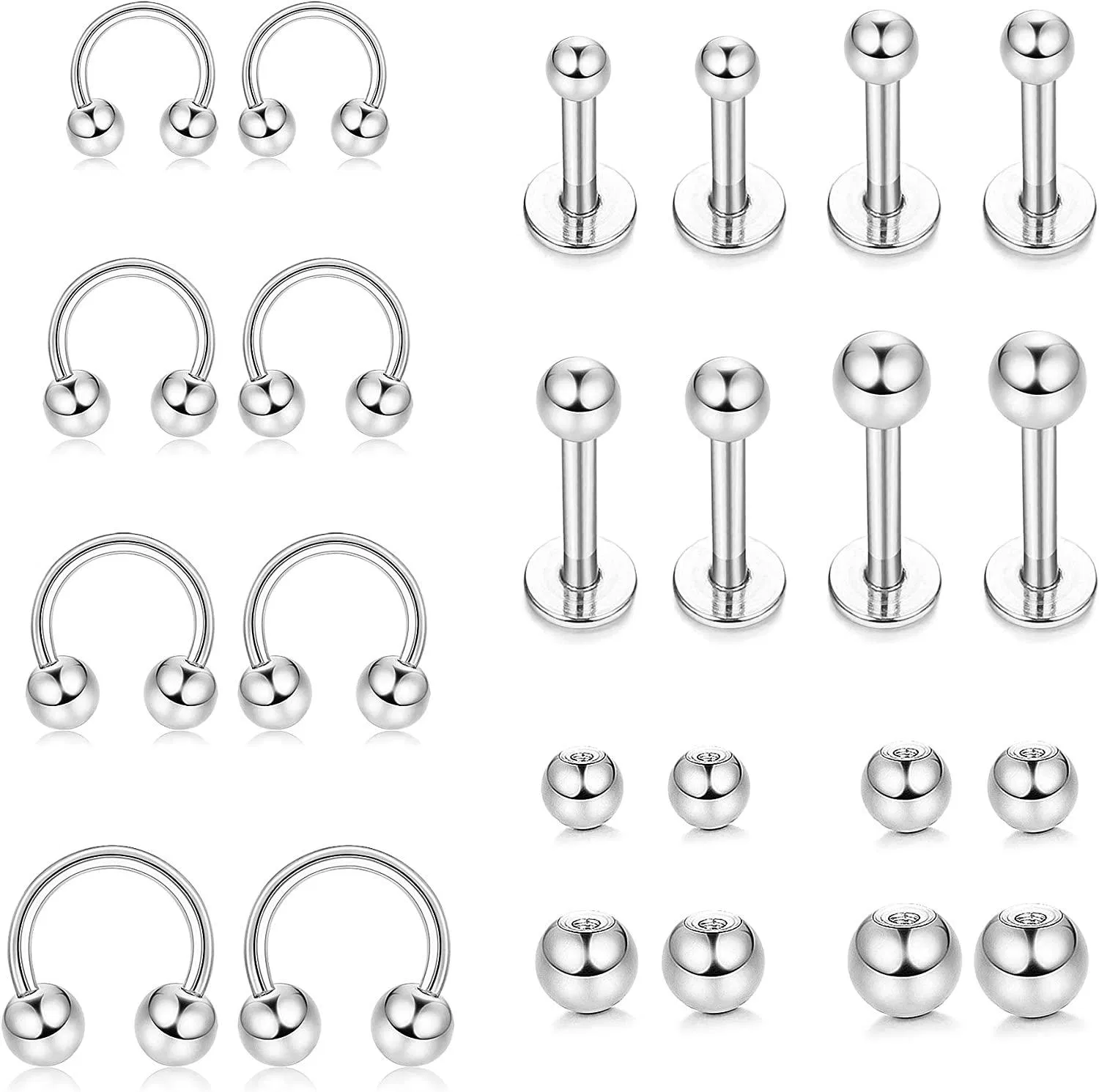 16pcs 16G Nasenringe Edelstahl-Labret Lippenringe Knorpel Helix Tragus Ohrring Stangen Ersatz Bälle Monroe Conch Piercing für Frauen Männer