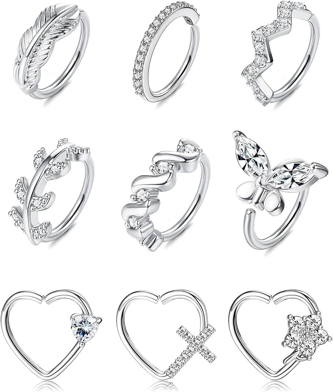 9Pcs 20G Nasenring Schleife Edelsteinpflastert CZ Herz geformte Daith Rook Tragus Knorpel Ohrringe Nasen Piercing für Frauen Männer