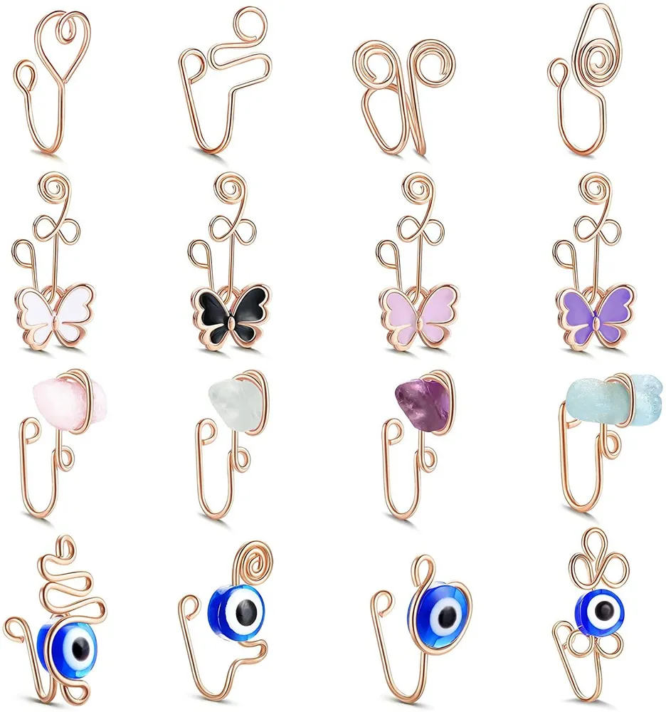 16Pcs Afrikanische Nasen Manschette Nicht Piercing Fake Nasen Ring für Frauen 14k Gold Plated Clip auf Nasen Ring Faux Nasen Ringe Evil Eye Crystal Butterfly Nasen Manschette Fake Piercings