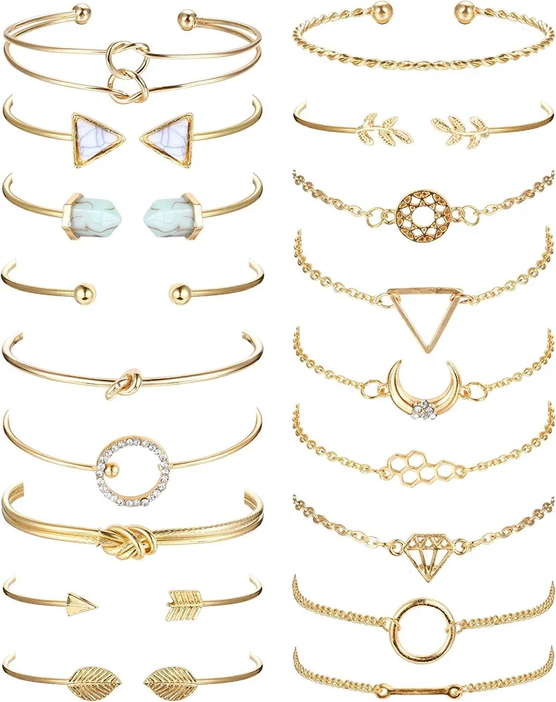 18pcs mehrschichtige gestapelte Armbänder für Frauen offene Manschette Wrap Bangle Armbänder Set Gold Olivenblatt Feder Knoten Armbänder einstellbar