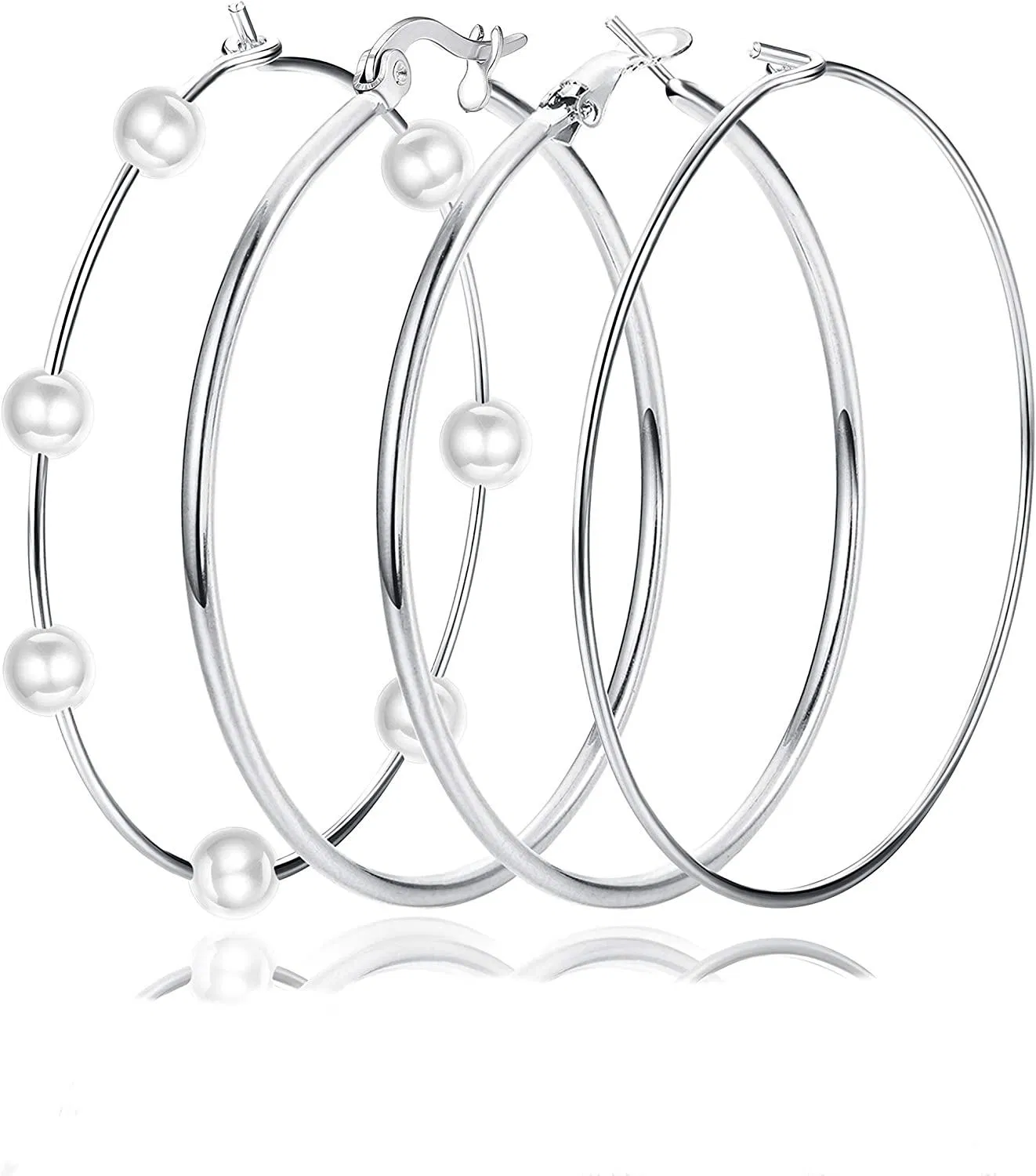 4 Paare Big Hoop Ohrringe für Frauen; Große Schreifen Super Riesen Kreis Perlen Ohrringe für Frauen Edelstahl 14K Gold Plated Dünne Hoop Ohrringe Set für Frauen Mädchen Empfindliches Ohr 60mm / 80mm / 100mm