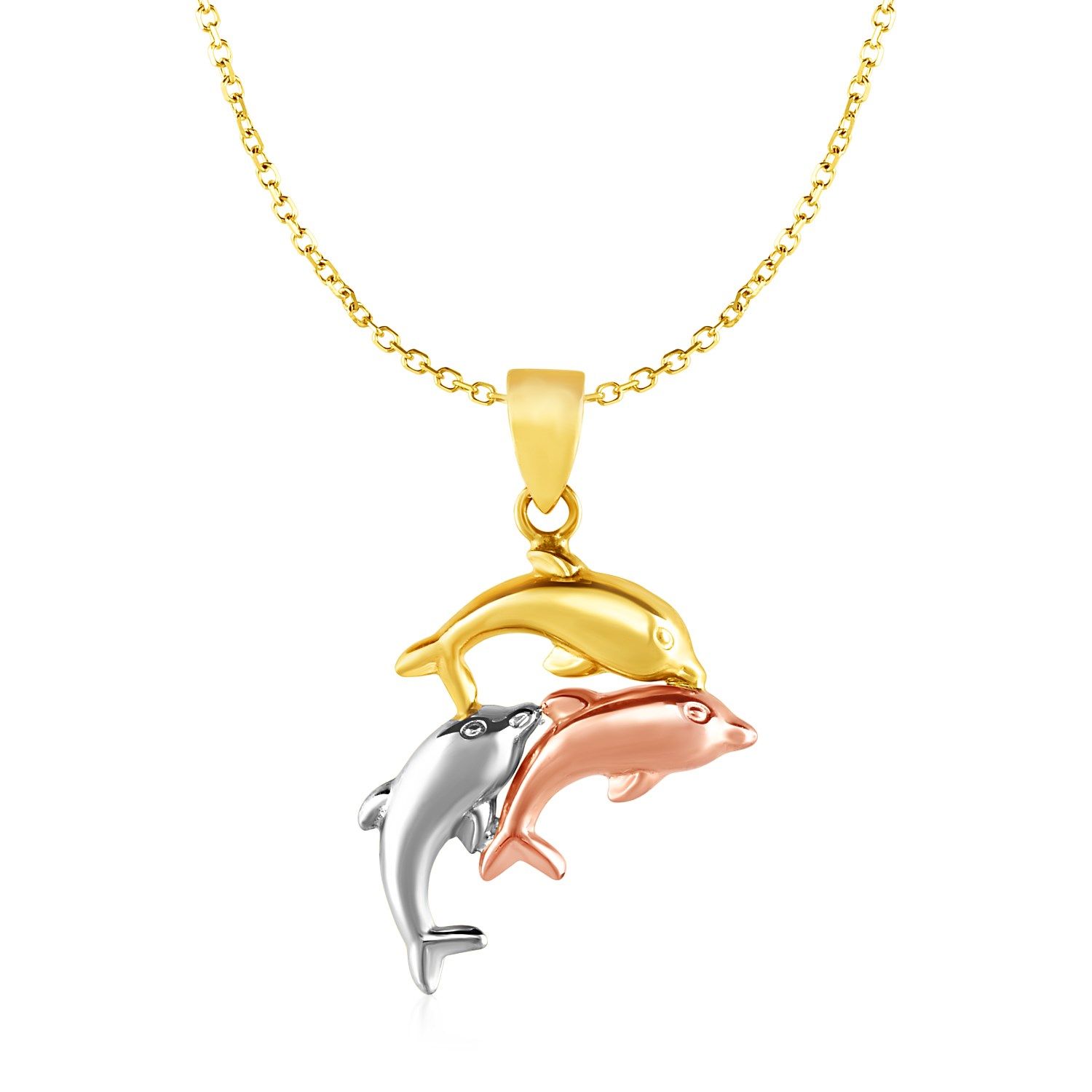 Anhänger mit drei Delfinen in 10 Karat Tri Color Gold