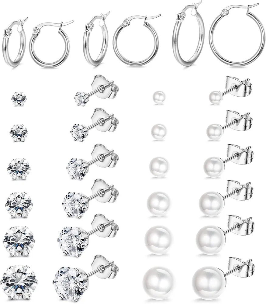 15paars Stud Ohrringe für Frauen Hoop Ohrringe Edelstahl Flat Ball Fake Pearl CZ Ohrringe Set; Sliver Tone