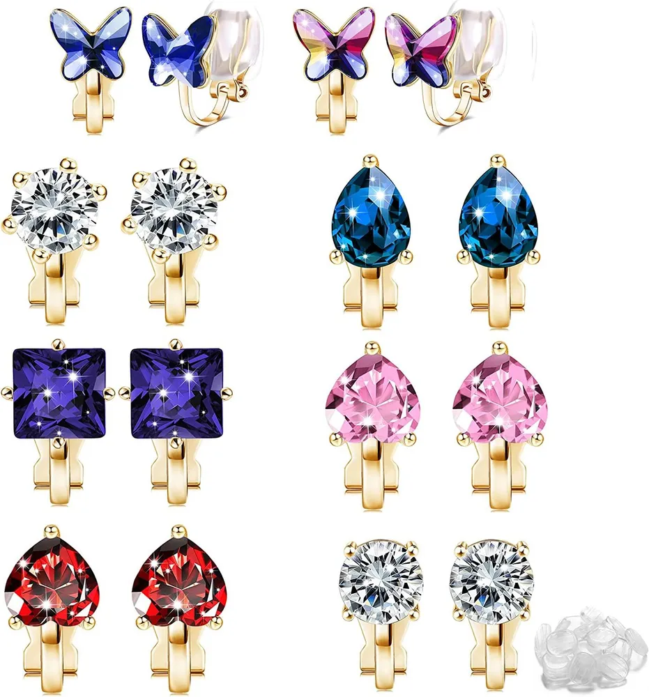 8 Paare Clip auf Ohrringe für Frauen Vibrante Farbe Geburtsstein Clip auf Ohrringe für Mädchen Schmetterlingsherz Fake Ohrringe Glitzer Nicht-Pierced Ohrringe Set