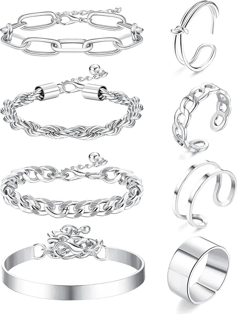 Dainty Gold Silber Link Kette Armbänder & Knuckle Midi Ring Set für Frauen Mädchen verstellbare Knoten Finger Stackable Ringe; Mode Kubanische Papierklipper Perlen Kette Armbänder Set