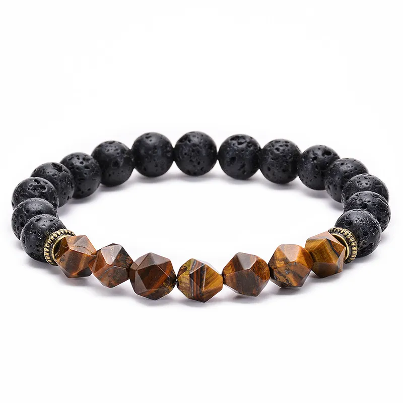 Natürliche Schnittoberfläche Tigereye Schwarze Lava Vulkanstein Armband Handmade Beaded