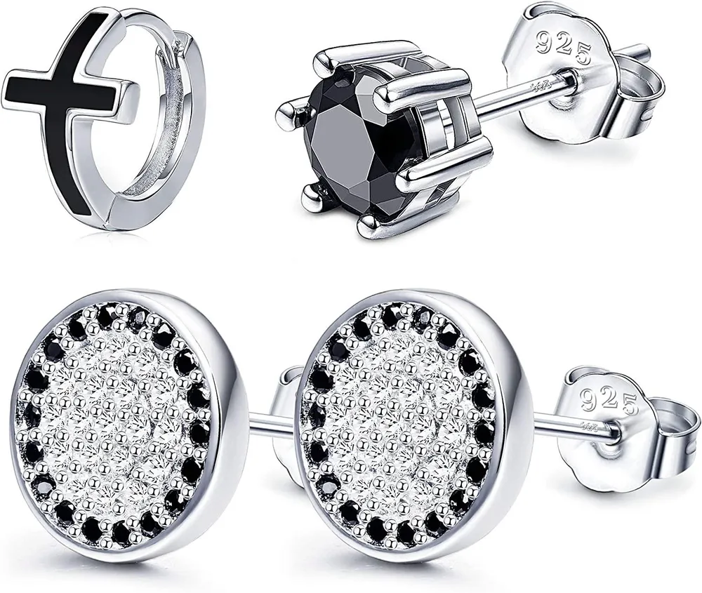 2 Paare 925 Sterling Silber Cubic Zirkonium Hypoallergen Asymmetrische Hoop Stud Ohrring für Mann Frauen Jungen Mädchen Teenager Piercing Ohrring für Geburtstag Weihnachten