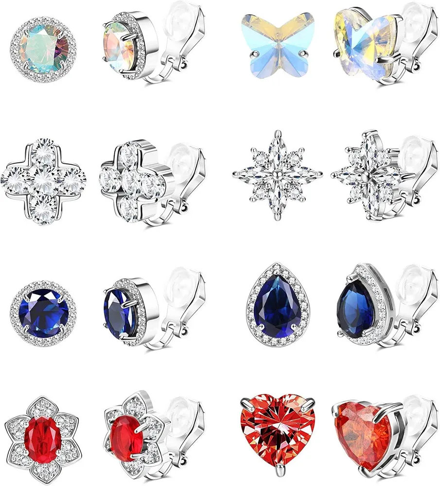 8 Paare Clip-On - Ohrringe für Frauen Mädchen mit Regenbogen-Kristall Kubik Zirkonia eingelegte Gummi Pads Clip-On - Stud-Ohrringe Nicht durchbohrten Clip-Ohrringe Schmuck
