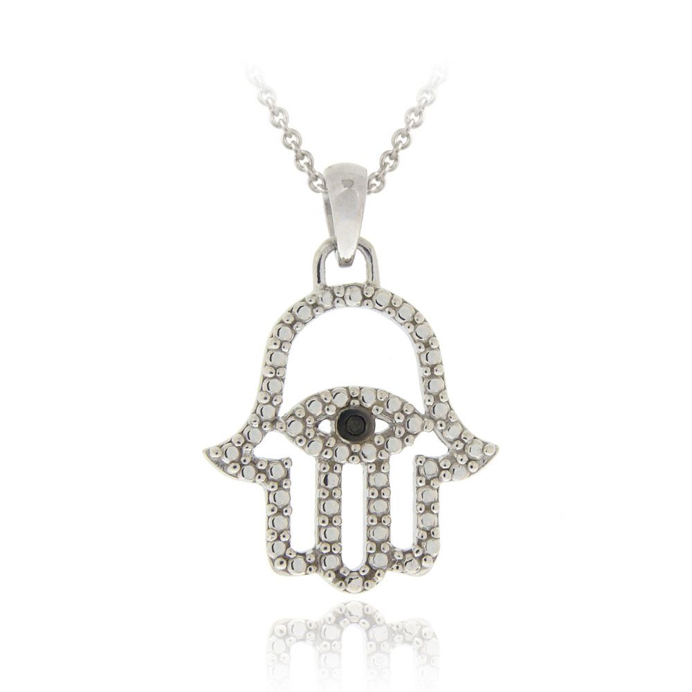 Sterling Silber Schwarz Diamant Akzent Hamsa-Evil Auge Anhänger