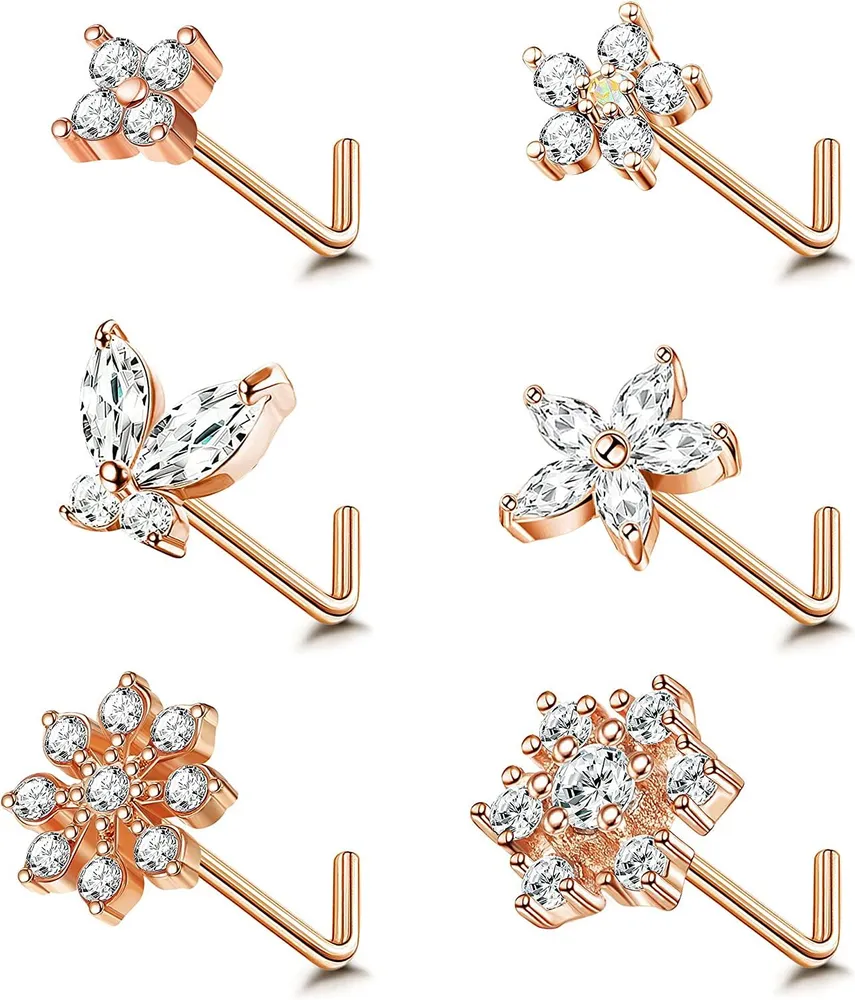6PCS 20G Nasenring Stud L-Form Nasenringe Kubische Zirkonia Schmetterlingsnasen Schrauben Ringe Rostlosen Blume Nasen Piercing Ring