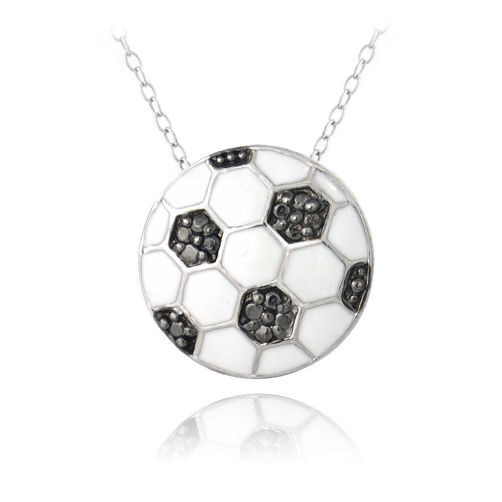 Sterling Silver Black Diamond Accent Enamel Fußball Anhänger