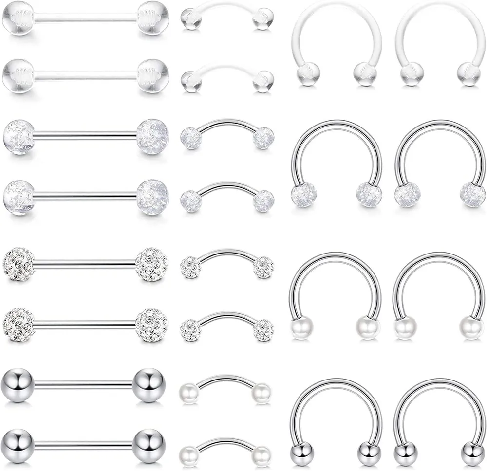 24 Stück Edelfeisen Daith Rook Ohrringe Nipple Septum Augenbrauenringe für Frauen Männer Knorpel Helix Tragus Piercing Zunge Nipplerings Barbell Body Minimalist Set