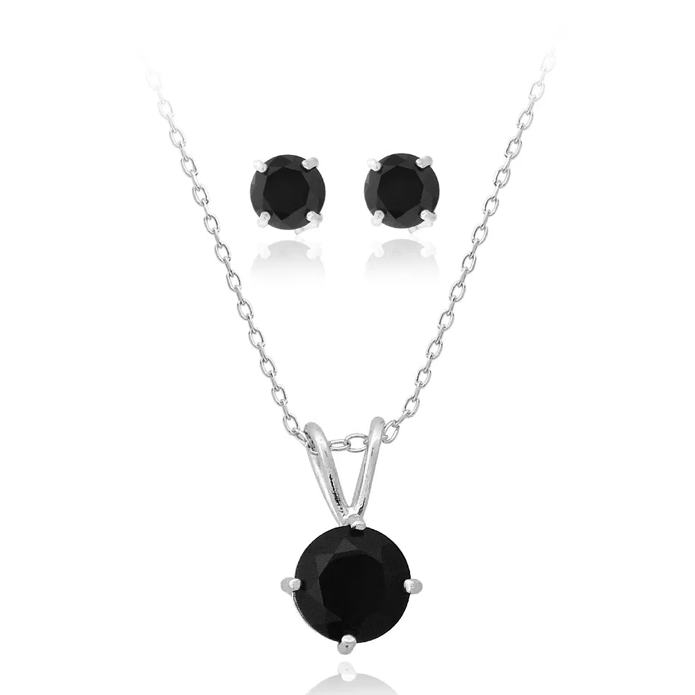 Sterling Silber 2,95ct Schwarz Spinel Solitare Halskette & Stud Ohrringe Set